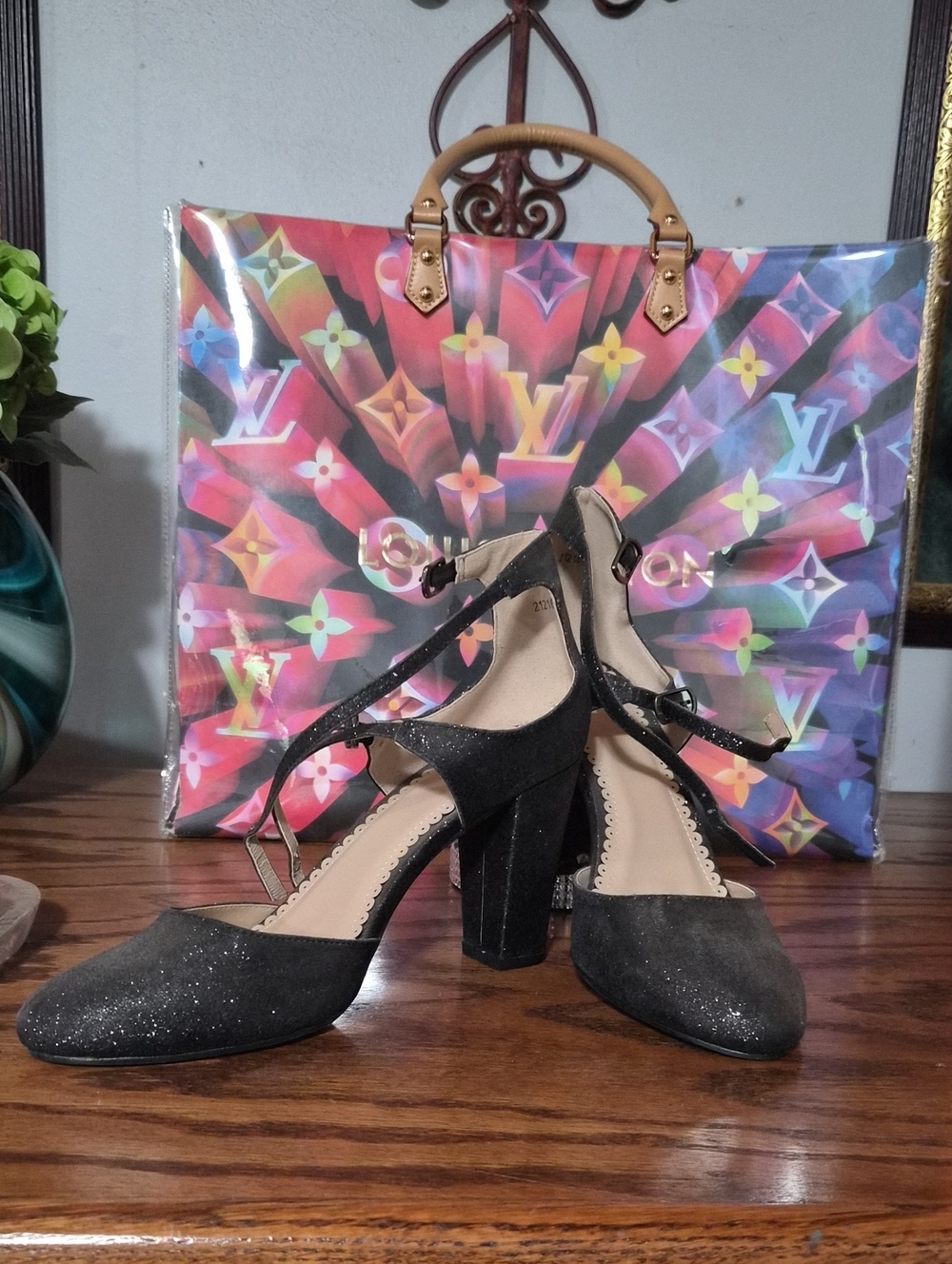 Glitter Black T-Strap Block Heel Pumps